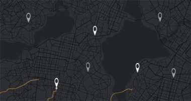 GPS haritalı navigatör sistemi animasyonu. Rotanın konumu konum gösterge paneli. Yön ve iz aranıyor. Pin konumu tespit edildi. Haritalama teknolojisi ve yüksek teknoloji arka planı konumları