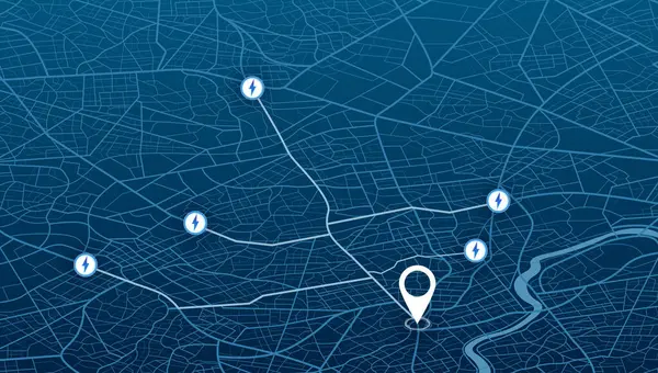 GPS haritası. Şehir yolu. Soyut ulaşım. Şehir manzarası. Yüksek teknoloji vektör geçmişi. rota verileri, yol dönüşleri ve hedef etiketi veya işareti. Çeyrek konut binaları. Konum sistemli bir arka plan. Vektör
