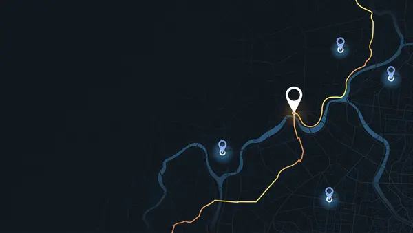 Şehir yolu. Şehir sokakları ve bloklar, yol verileri, yol dönüşleri ve hedef etiketi veya işareti. Büyük şehir manzarası. Konum izleri torpido gözünde. Vektör, çizim. Soyut ulaşım arkaplanı.