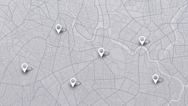 GPS takip haritası. Yol haritalarındaki pimleri takip et, haritalama teknolojisini yönlendir ve konumunu belirle. Futuristik seyahat GPS haritası veya konum navigatör vektör çizimi. Büyük şehir manzarası. Sokaklar ve bloklar, caddelerde hareket için rota