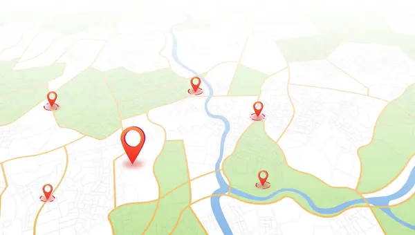 Çoklu varış yerleri, izometrik. GPS takip haritası. Yol haritalarındaki pimleri takip et, haritalama teknolojisini yönlendir ve konumunu belirle. Geleceksel seyahat GPS haritası veya konum navigatör vektör çizimi