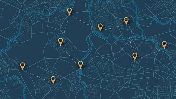 Şehir yolu. Şehir sokakları ve bloklar, yol verileri, yol dönüşleri ve hedef etiketi veya işareti. Büyük şehir tepesi.