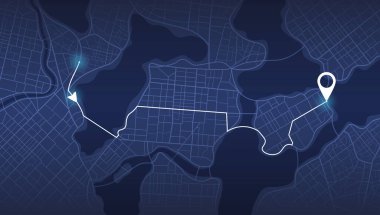 Şehir yolu. Şehir sokakları ve bloklar, yol verileri, yol dönüşleri ve hedef etiketi veya işareti. Büyük şehir manzarası. Konum izleri torpido gözünde. Vektör, çizim. Soyut ulaşım arkaplanı.