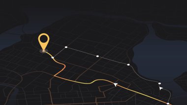 GPS takip haritası. Soyut izometrik konum gösterge panelini izler. Yol haritalarındaki pimleri takip et, haritalama teknolojisini yönlendir ve konumunu belirle. Geleceksel seyahat GPS haritası veya konum navigatör vektör çizimi