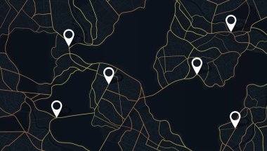 Çoklu varış yerleri, izometrik. GPS takip haritası. Yol haritalarındaki pimleri takip et, haritalama teknolojisini yönlendir ve konumunu belirle. Geleceksel seyahat GPS haritası veya konum navigatör vektör çizimi