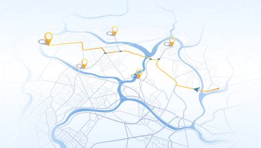 İzometrik GPS haritası, kendi evine gidiyor. Harita binalarının üstünden bak. Şehrin yukarıdan detaylı görüntüsü. Şehir manzarası. Soyut arkaplan. Dekoratif grafik turist haritası. Çeyrek konut binaları. Basit, şirin bir tasarım. Düz biçim, Vektör,