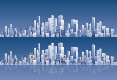 Şehrin gökyüzü bulutlu, sabah gökyüzü, binalar, arka plan manzaralı bir temsili. Modern şehrin kentsel siluet manzarası. Erkek öğrenci birliği tarzında panorama. Soyut yatay şehir manzarası çizgilerin ve geometrik çizgilerin çarpıcı bir bileşimi