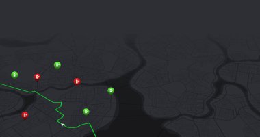 Otoparktaki konum şarj istasyonu ve hızlı süperşarj istasyonu. Yol dönüşleri ve hedef etiketi veya işareti. Devasa bir izometrik şehir manzarası. Siyah arka plan vektöründen güzergah ve rota planlama. elektrik için pil şarj hizmeti