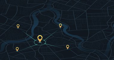 Çoklu varış yerleri, izometrik. GPS takip haritası. Yol haritalarındaki pimleri takip et, haritalama teknolojisini yönlendir ve konumunu belirle. Geleceksel seyahat GPS haritası veya konum navigatör vektör çizimi