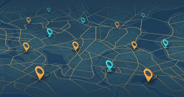 Harita boyunca ana yol. Uzaklık ve yol dönüşleri hakkında veri elde etmek için Isometric Navigasyon haritalama teknolojisi