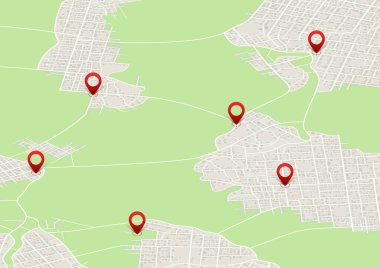 İşaretli Isome jenerik şehir haritası. Üzerinde POI olan şehir bölgesinin soyut navigasyon planı. Şehirlerle basit bir dünya düzeni. Amaçlanan hedef, bir sürü işaret. Şehir sokakları ve bloklar, rota etiketi ya da işareti. Büyük şehir manzarası. Renkli