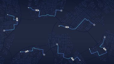Haritada yer ve planlanmış rota belirleniyor. Kasıtlı hedefler, varış noktaları, harita boyunca yollar. Yol ve dönüşler hakkında veri toplamak için navigasyon, konum gösterge panelini izler. Vektör, resimleme