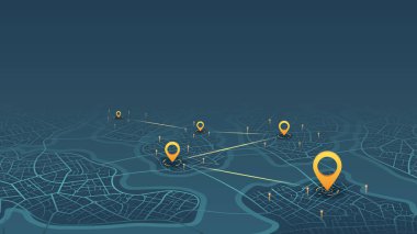 Özdeş soyut harita arkaplanı. Renkli soyut çizgiler. Rout, şehir haritasında broşla işaretlenmiş bir yer. Navigasyon pimi. Sokak, yol ve ev işaretleri olan genel şehir haritası. Renkli düzenlenebilir vektör illüstrasyonu, harita arkaplanı.
