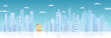 Ofis alanı, kiralık ya da satılık bina. Ticari mülklerin kiralanması veya satılması için seçenekler. Kopya uzayı ile düzenlenebilir vektör düz illüstrasyon. Soyut yatay arka plan şehir manzarası. Panorama, ağ başlığı