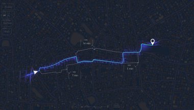 Bölgenin dekoratif grafik turist haritası. Arama haritası navigasyonu. Kasabanın parçaları. Geleceği gösteren konsol GPS 'i