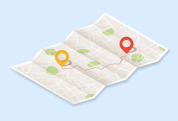 Kağıt şehir haritasındaki iğneler. Yerel sokak GPS 'i yol gösteriyor. Şehir rotasından işaretçiye. Coğrafya mesafesi planı. Vektör