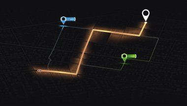Belirlenen istikamete sahip Isometric şehir haritası, ve en kısa yol da dahil olmak üzere çeşitli güzergahları gösteren birden fazla işaretleyici