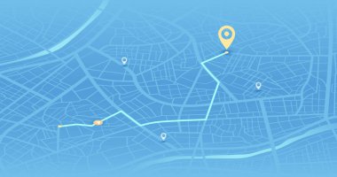 Belirlenen istikamete sahip Isometric şehir haritası, ve en kısa yol da dahil olmak üzere çeşitli güzergahları gösteren birden fazla işaretleyici