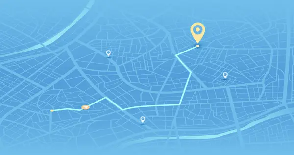 Belirlenen istikamete sahip Isometric şehir haritası, ve en kısa yol da dahil olmak üzere çeşitli güzergahları gösteren birden fazla işaretleyici