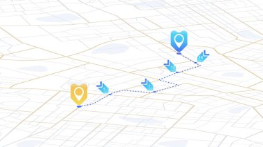 Şehir haritasında konum işaretleri olan bir rota çizimi, takip simgelerini vurguluyor. Çevrimiçi dijital