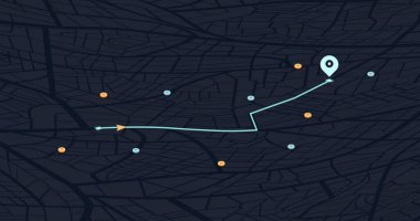 Şehir haritasında yön işaretleri, hedeflenen bir nokta ve birden fazla işaret var. Soyut bir navigasyon planı
