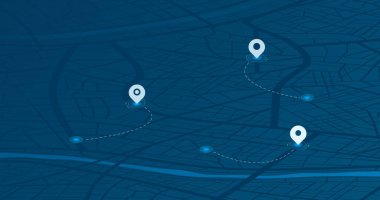 Belirlenen istikamete sahip Isometric şehir haritası, ve en kısa yol da dahil olmak üzere çeşitli güzergahları gösteren birden fazla işaretleyici