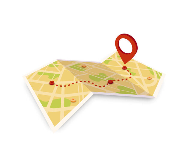 Paper map with red point. Local street gps navigate. City route navigation to marker. Geography distance plan. Vector