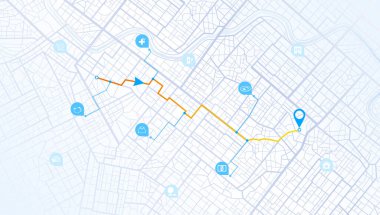 City street road. City streets and blocks, route distance data, path turns and destination tag or mark. Huge city top