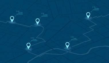 Çevrimiçi konum izleme. Arka planda caddeler olan dev şehir haritası. Şehrin mavi ve beyaz renkli haritası. Vektör