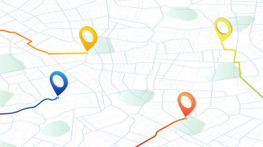 Sokakta farklı renklerle işaretlenmiş iğneli bir harita. Çizgilerle, güzergah olarak birbirine bağlanmış iğneler. Vektör