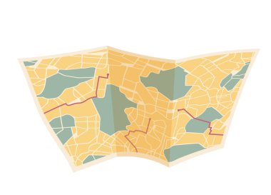 Kırmızı güzergahlı kağıt harita. Yerel sokak GPS 'i yol gösteriyor. Şehir rotasından işaretçiye. Coğrafya mesafesi planı. Vektör