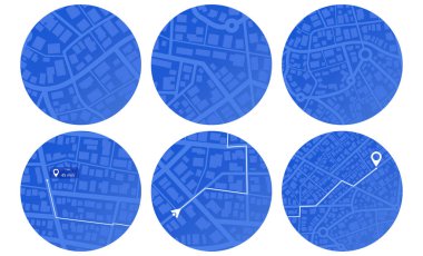 GPS harita navigasyonu seti. Harita binalarının üstünden bak. Şehrin detaylı manzarası. Soyut arkaplan. Düz biçim, Vektör