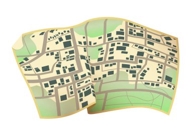 Yerel sokak GPS 'li kağıt harita. Şehir navigasyonundan işaretçiye. Coğrafya mesafesi planı. Vektör illüstrasyonu