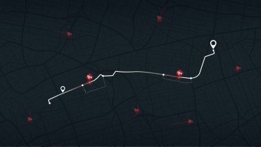 Şehir haritasında araba kazalarının üst görüntüsü. Trafik kazalarını önlemek için rota değiştirmeyi öneriyor. Otomatik koruma kavramı