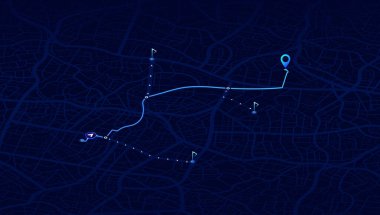 Haritada işaretlenecek rota. Şehir caddesi haritası, değişik ilgi alanları var. Yönlendirmek ve yol bulmak için GPS izleme sistemi