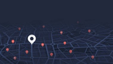 Yer belirleme noktası. Şehrin simgelerinde gezinmek için GPS izleme sistemi. Ayrıntılı şehir sokak haritası
