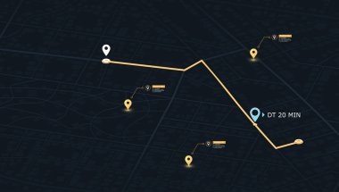 Haritada işaretlenecek rota. Şehir caddesi haritası, değişik ilgi alanları var. Yönlendirmek ve yol bulmak için GPS izleme sistemi