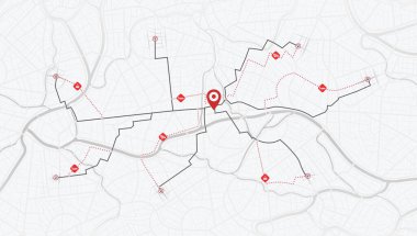 Gps map navigation to own house. Closed area, district, road. Detailed view of city from above. City top view. Red Sign clipart