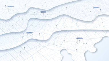 Şehir haritasında soyut lobutlar, simgeler. Ulaşım teslimatı, harita konumu. Uzaklık verisi olan arkaplan yol haritası