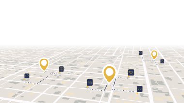 GPS navigasyon sistemi belirlenmiş rota boyunca birden fazla işaret ve iğne gösteriyor. Ayrıntılı şehir haritası temiz