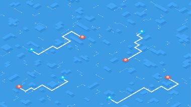 Teslimat hizmetleri, paket için navigasyon planı. - Evet. Kırmızı ve mavi GPS haritaları ve bağlantı yolları. Yol planlaması