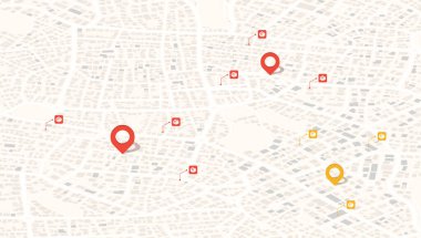 GPS navigasyonu. Paket teslimat güzergahı, birden fazla paket konumuna yön bulma planı. Isometric şehir manzara navigasyonu