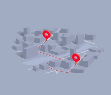 İzometrik gökdelenlerin ortasındaki GPS navigasyonu, POI 'a giden kırmızı güzergah işaretlenmiş. Konum izleme ve haritalama kavramı