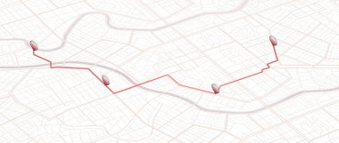 GPS navigasyon sistemi belirlenmiş rota boyunca birden fazla işaret ve iğne gösteriyor. Ayrıntılı şehir haritası temiz