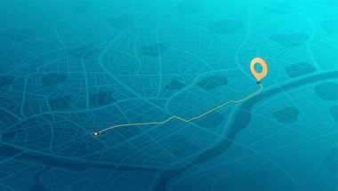 Harita navigasyonu. Yol planlaması, konum belirleme. GPS şifreli soyut şehir haritası. İzometrik şehir manzarası