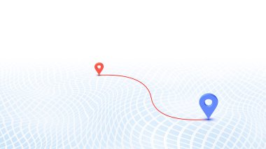Harita navigasyon konsepti. 3D şebeke arazisindeki konum pimleri ile rota planlaması. Kırmızı ve mavi konum rozeti