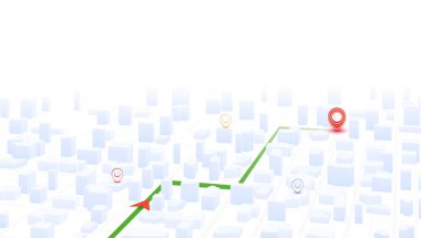 GPS navigasyonu. Teslimat güzergahı planlama, çoklu POI arasındaki seyir planı. Isometric şehir manzara navigasyonu