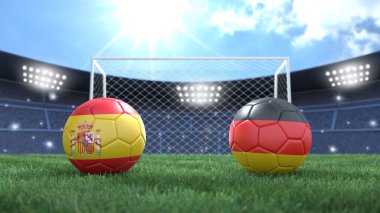 Stadyumun parlak arka planında bayraklı iki futbol topu. İspanya ve Almanya. 3d resim