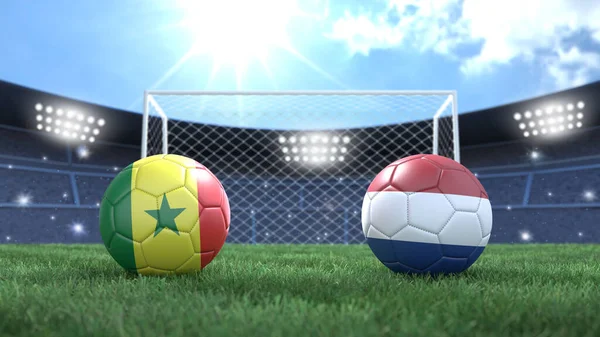 Δύο Μπάλες Ποδοσφαίρου Σημαίες Χρώματα Στο Γήπεδο Φωτεινό Θολή Φόντο — Φωτογραφία Αρχείου