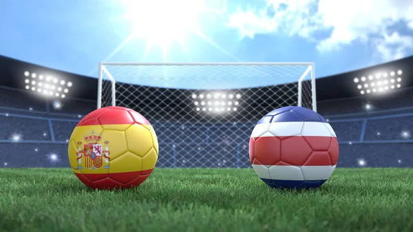 Twee Voetbal Ballen Vlaggen Kleuren Stadion Heldere Wazig Achtergrond Spanje — Stockfoto